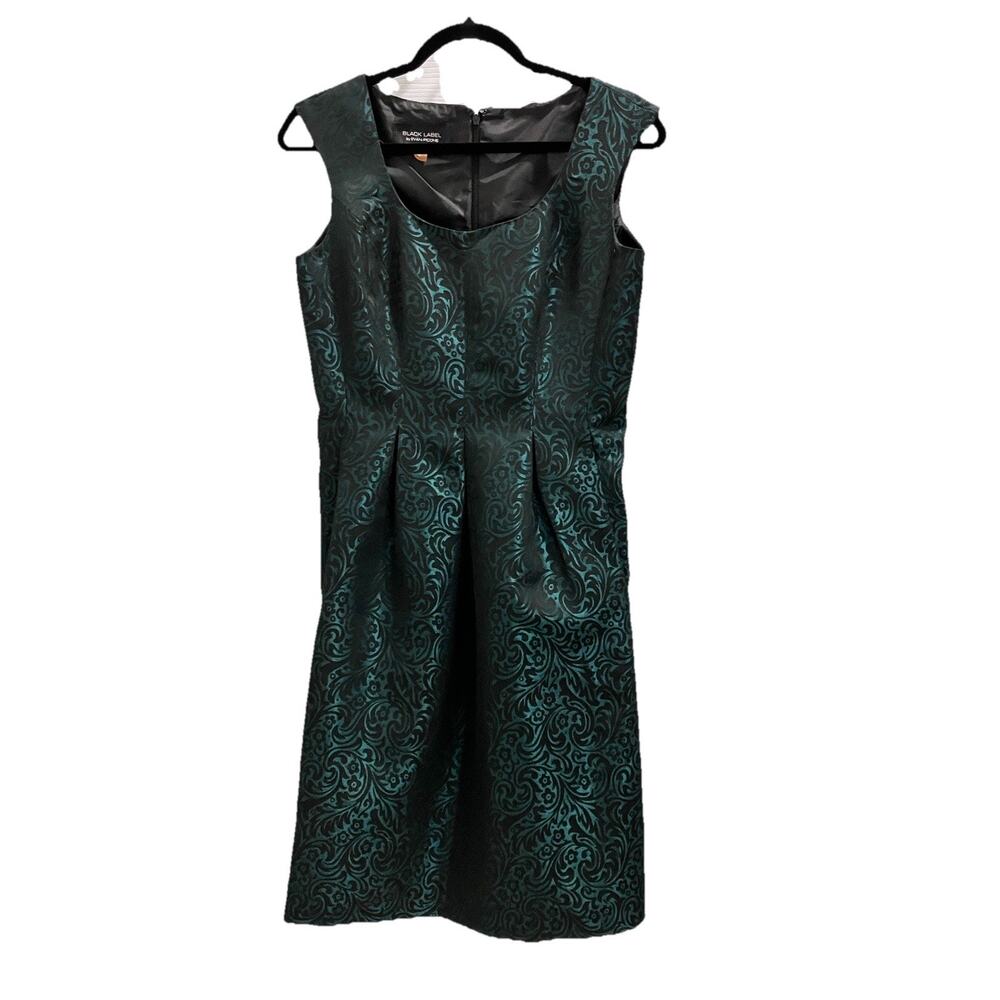 Evan Picone Black Label Black/ Hunter Green Brocade Swirl Fit Flare Dress Sz 6